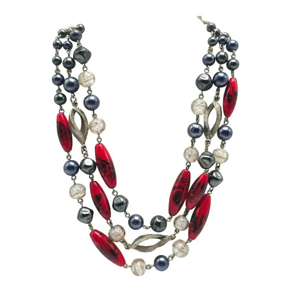 Japan High End Multi Strand Red Black Clear Glass Acrylic Bead Mix Ornate Clasp - Picture 2 of 7